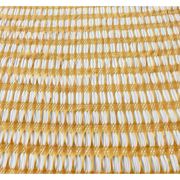 Vintage 70s yellow curtains, soft mesh, funky open weave geometric, pair panels - Picture 3 of 10